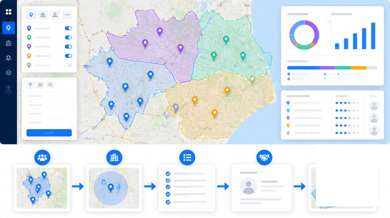 Lead Routing and Pipeline Mechanics visual for how franchise development teams use maps to close deals.
