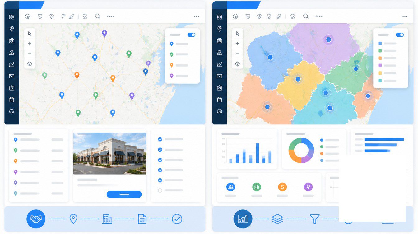 Sales-Tool Maps Versus Analysis-Tool Maps visual for how franchise development teams use maps to close deals.