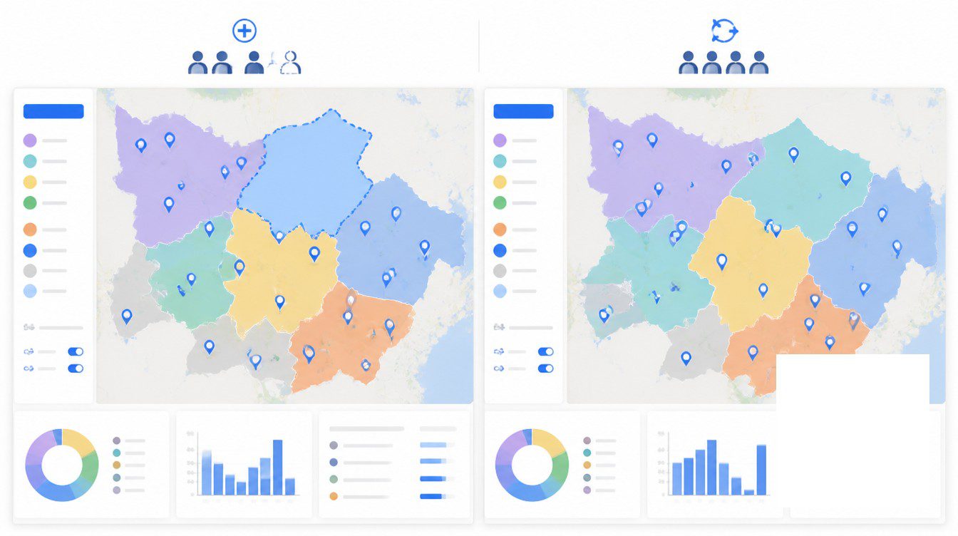 The Difference Between Adding and Redistributing visual for how growing sales teams should add territories.