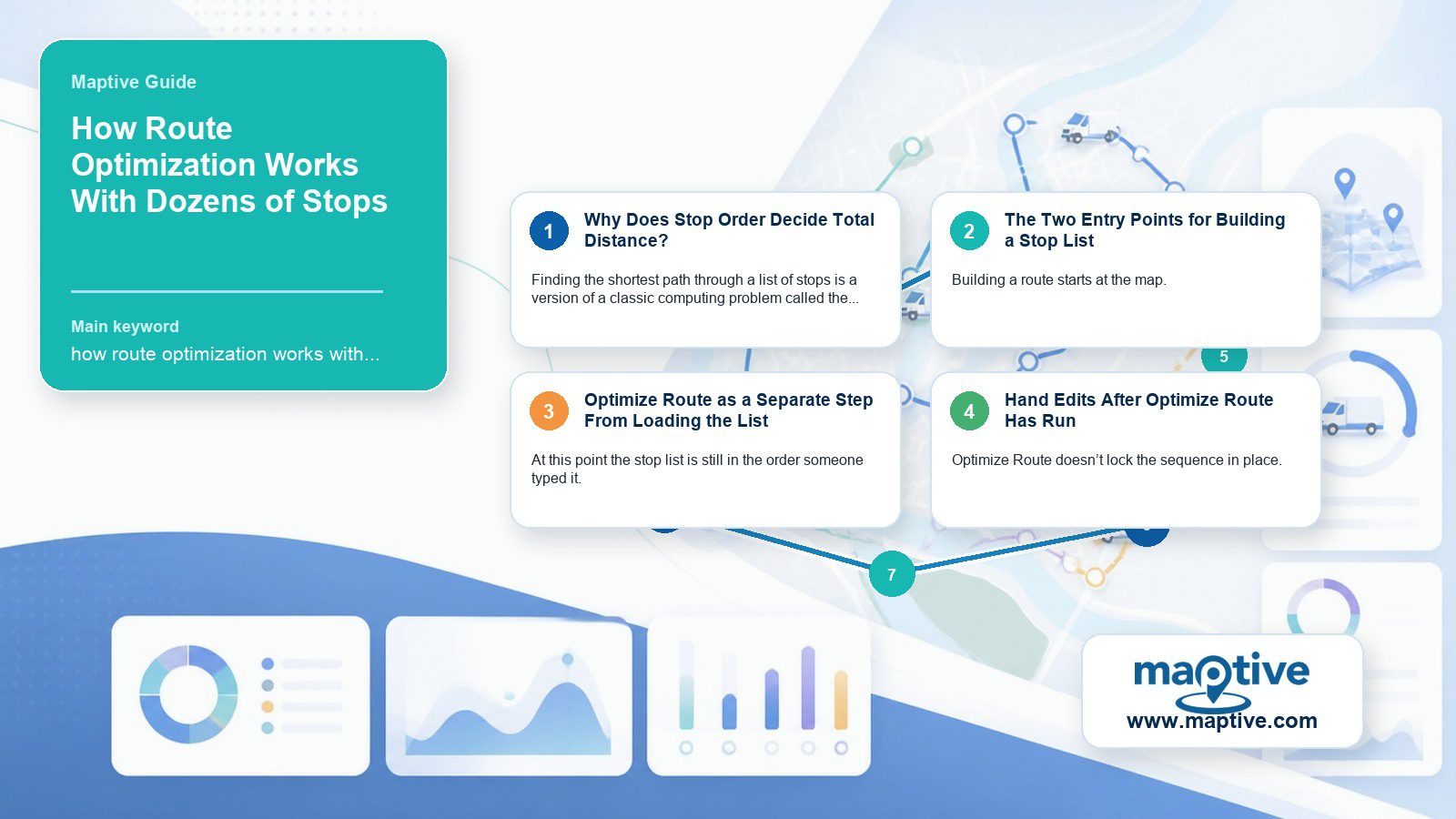 How Route Optimization Works With Dozens of Stops Higgsfield infographic with readable article-specific takeaways and Maptive branding.