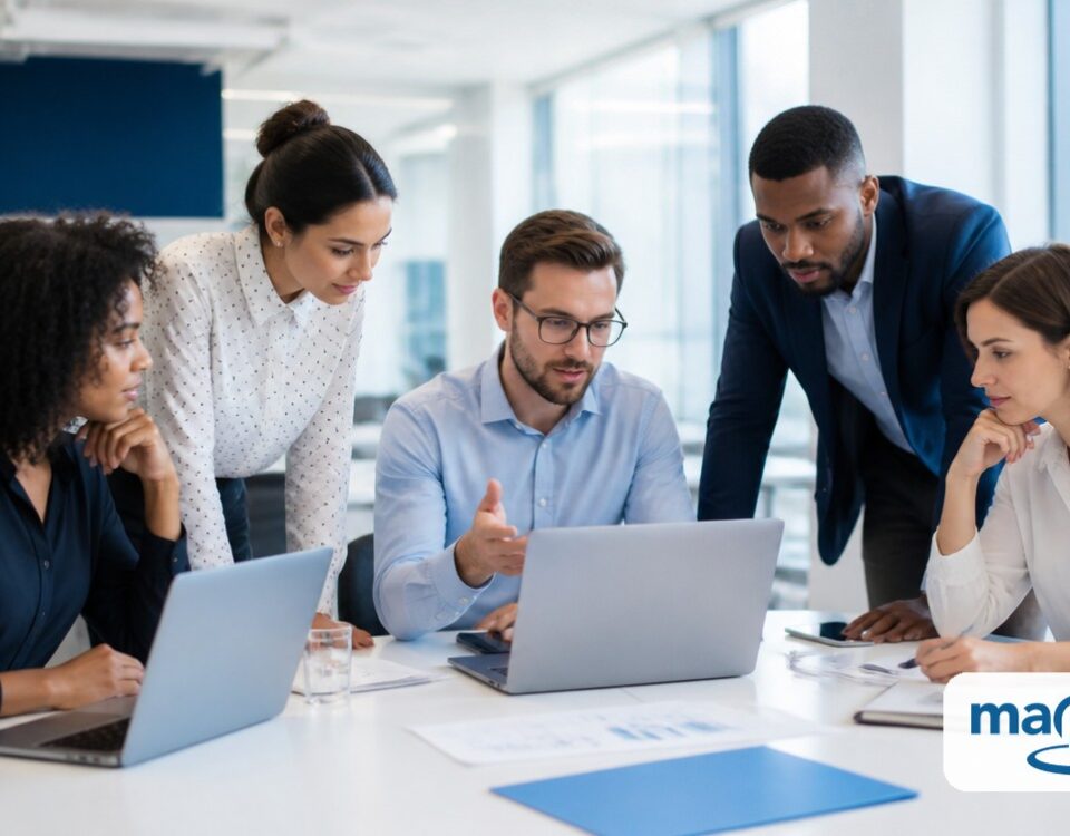 How to Count the Customers Within Miles of Every Branch hero image showing a professional business team planning together.