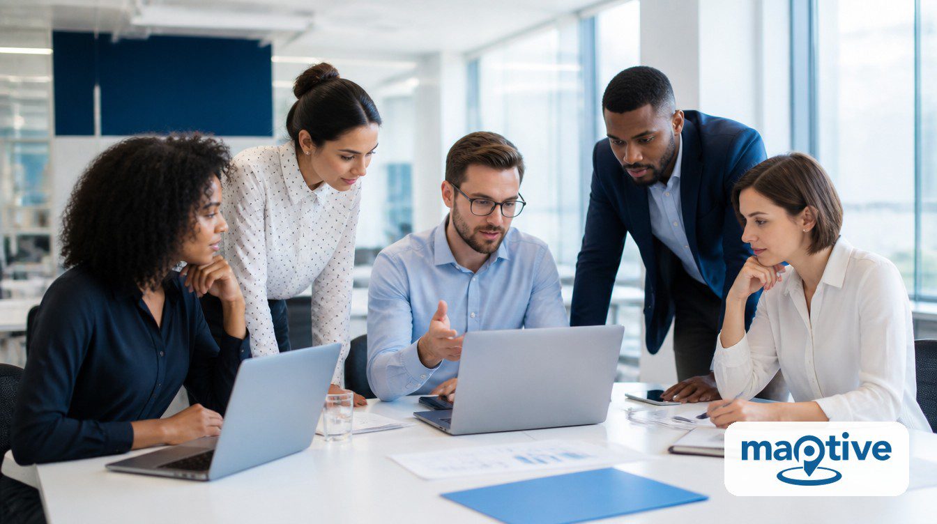 How to Count the Customers Within Miles of Every Branch hero image showing a professional business team planning together.