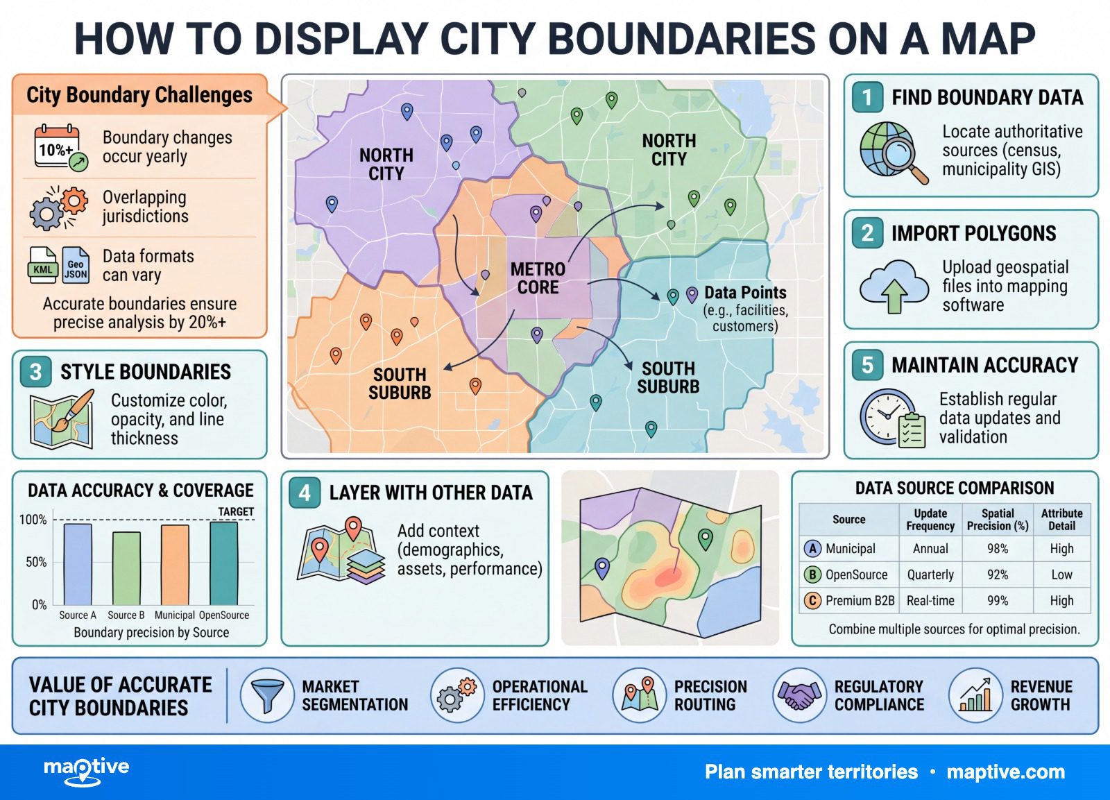 How to Display City Boundaries on a Map — Maptive infographic.