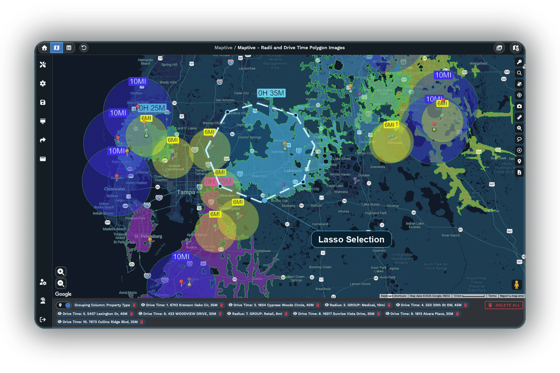 A Maptive map combining a lasso selection with drive-time and radius rings