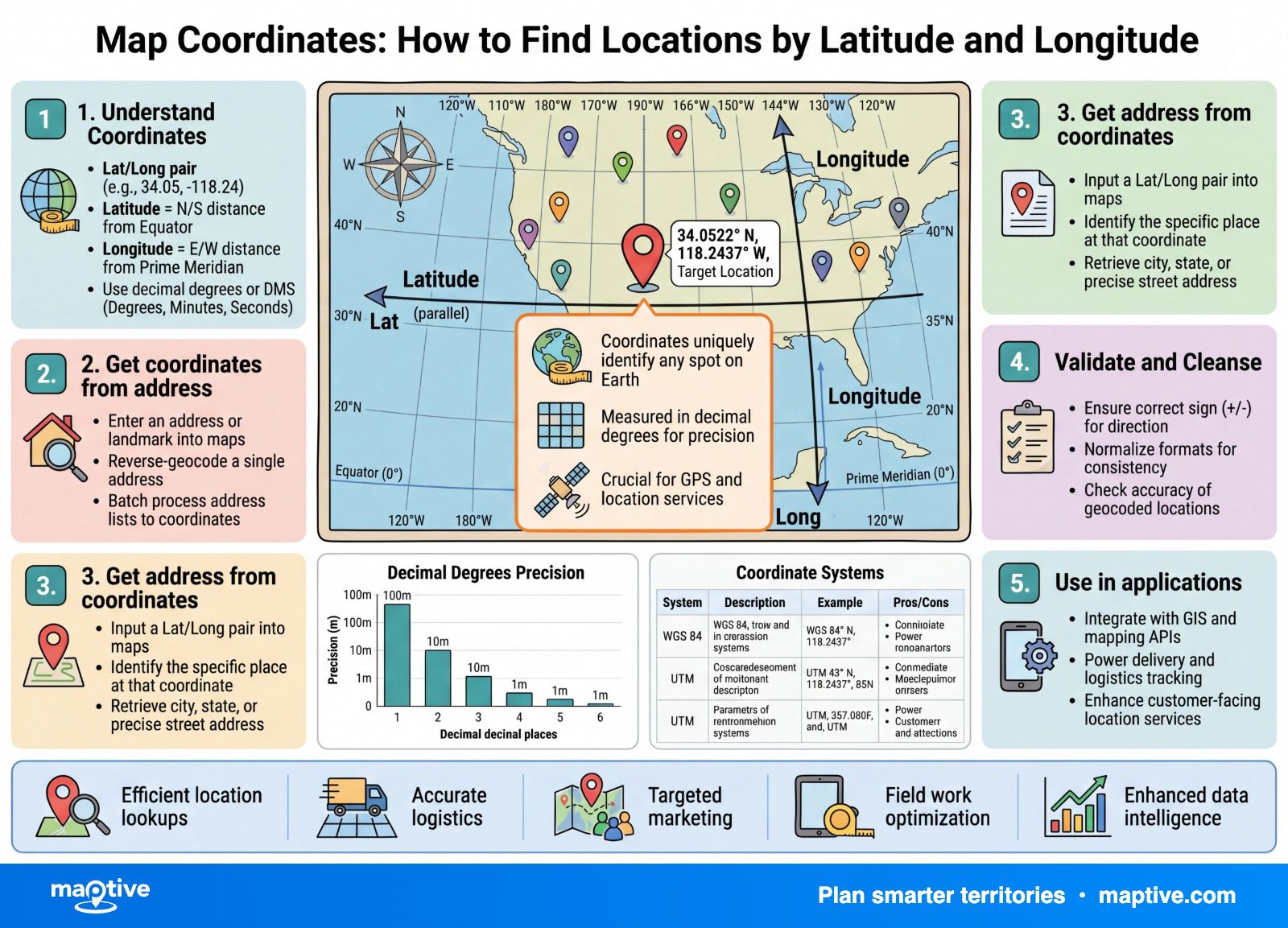 Map Coordinates: How to Find Locations by Latitude and Longitude — Maptive infographic.