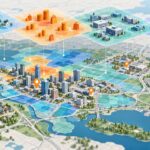 Illustration of a city map with layered household, spending, business and population data above mapped locations.