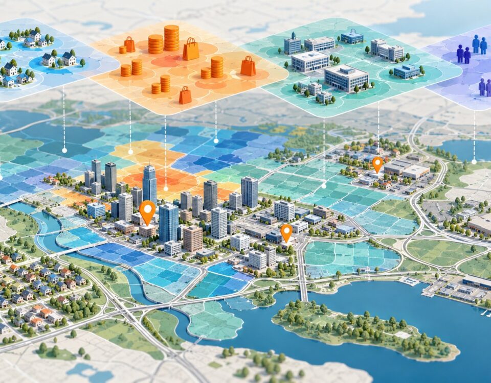 Illustration of a city map with layered household, spending, business and population data above mapped locations.