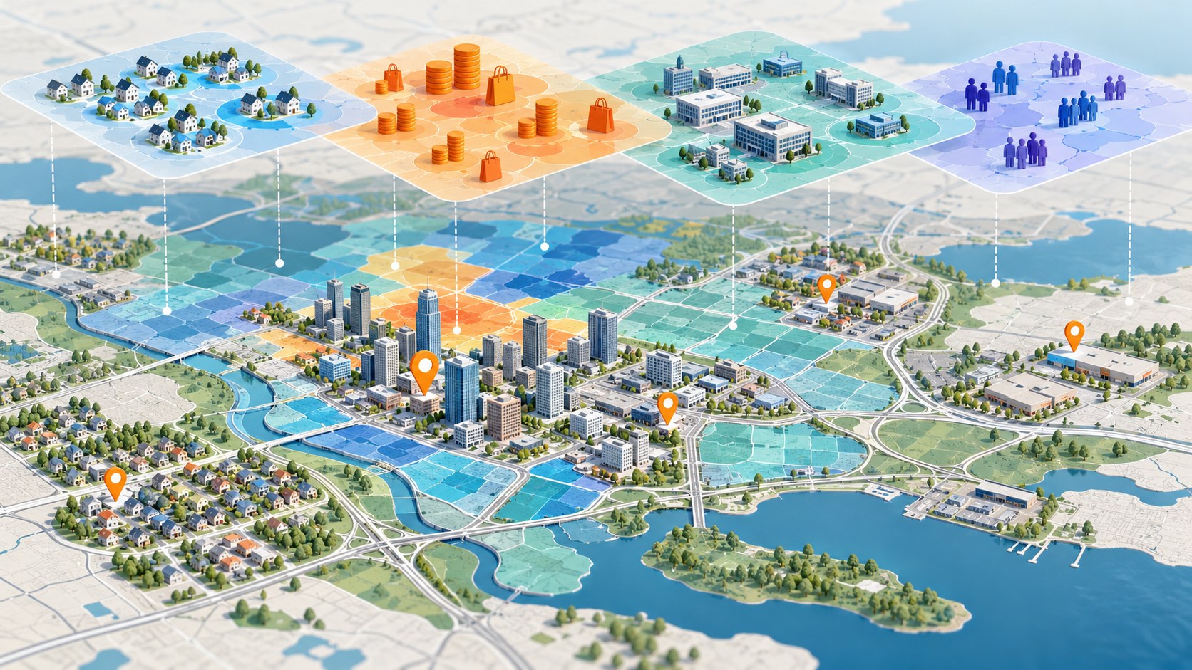 Illustration of a city map with layered household, spending, business and population data above mapped locations.