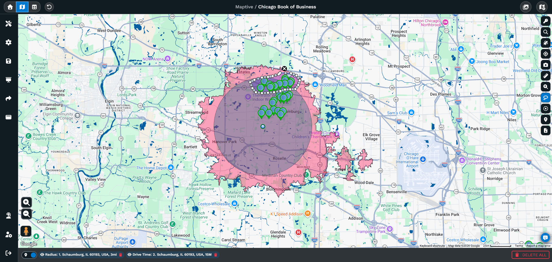 A Maptive map combining a lasso selection with drive-time and radius rings