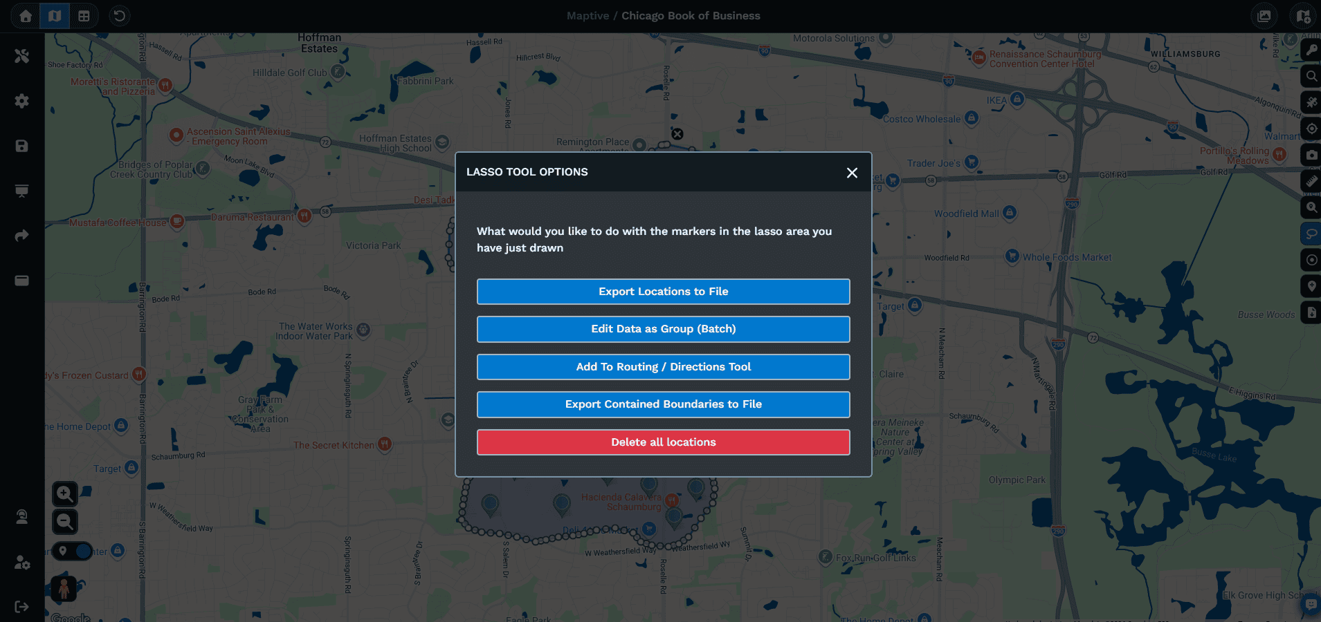 The Lasso Tool Options popup listing five actions over the selected markers