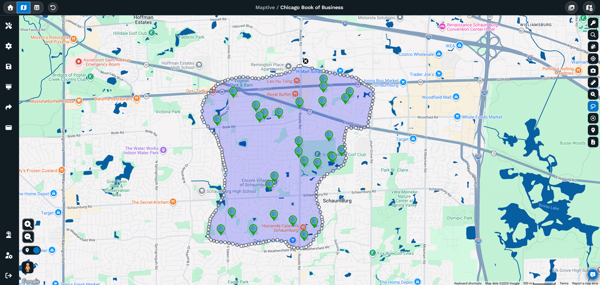 A lasso polygon drawn around a cluster of markers on a Maptive map