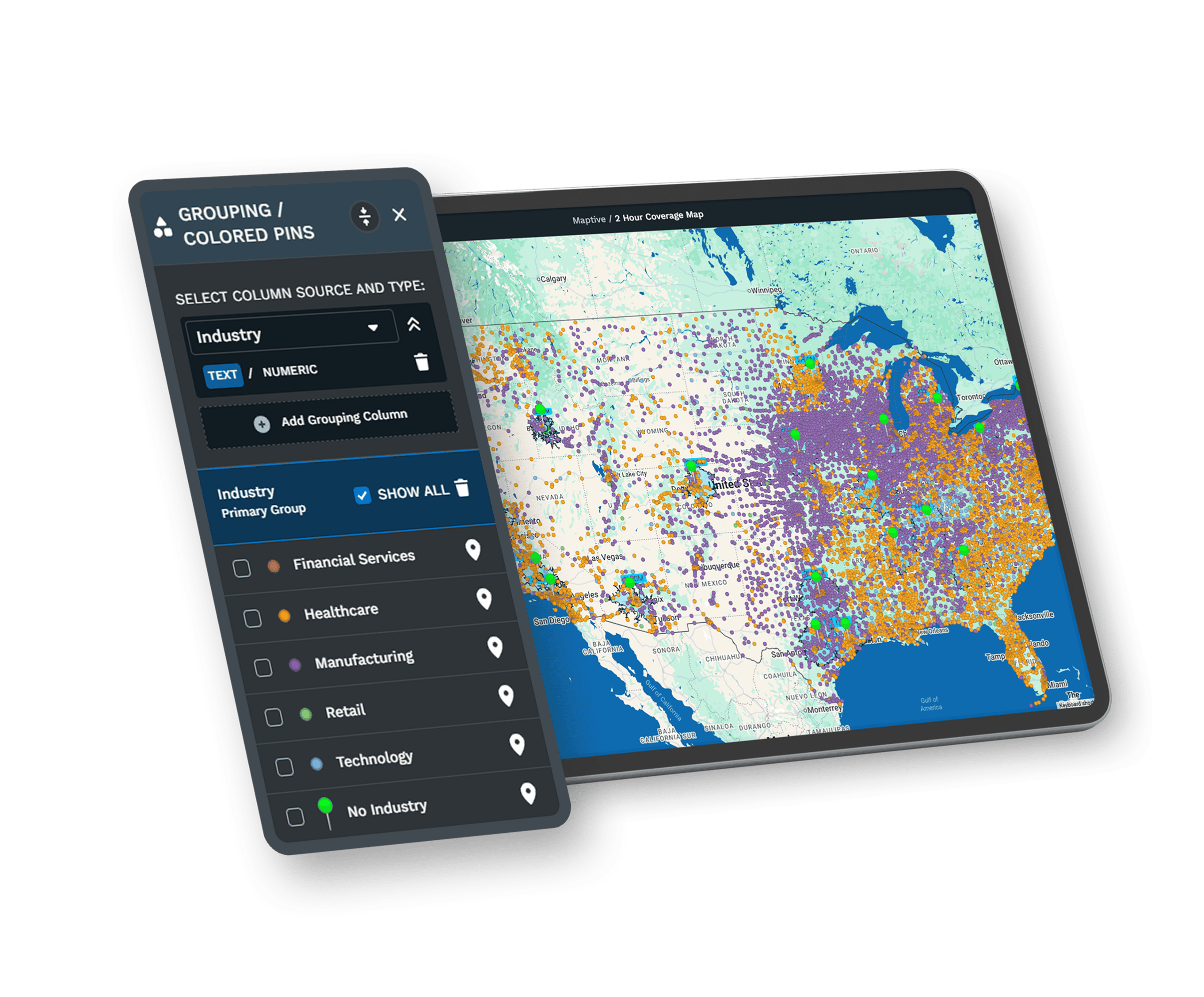 Multiple business locations plotted on one interactive Maptive map