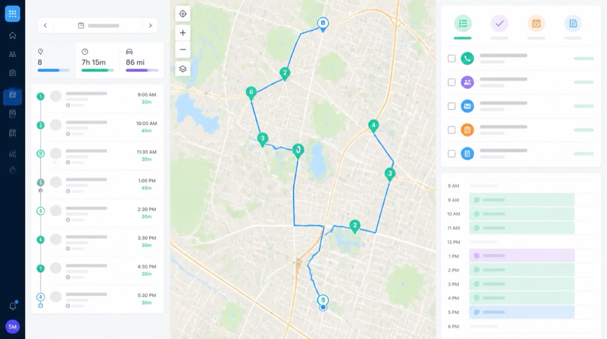 Field sales daily route planning dashboard with stops, route paths, and workflow panels.