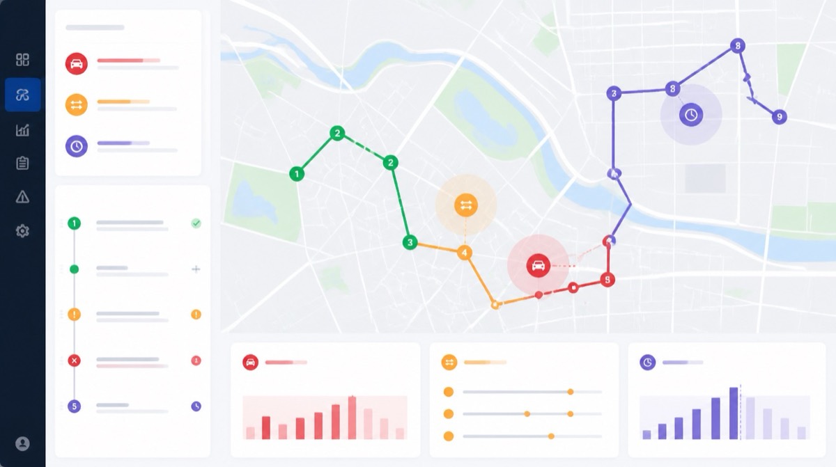 Route planning dashboard highlighting delays, missed windows, and inefficient stop sequencing.