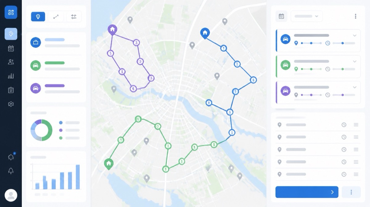 Route optimization visual for field sales with map routes, pins, and planning analytics.