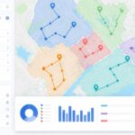 Route optimization dashboard for field sales teams with map pins, routes, and planning analytics.