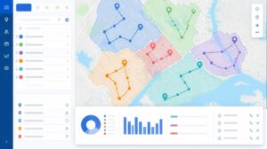Route optimization dashboard for field sales teams with map pins, routes, and planning analytics.