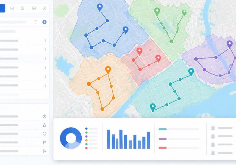 Route optimization dashboard for field sales teams with map pins, routes, and planning analytics.
