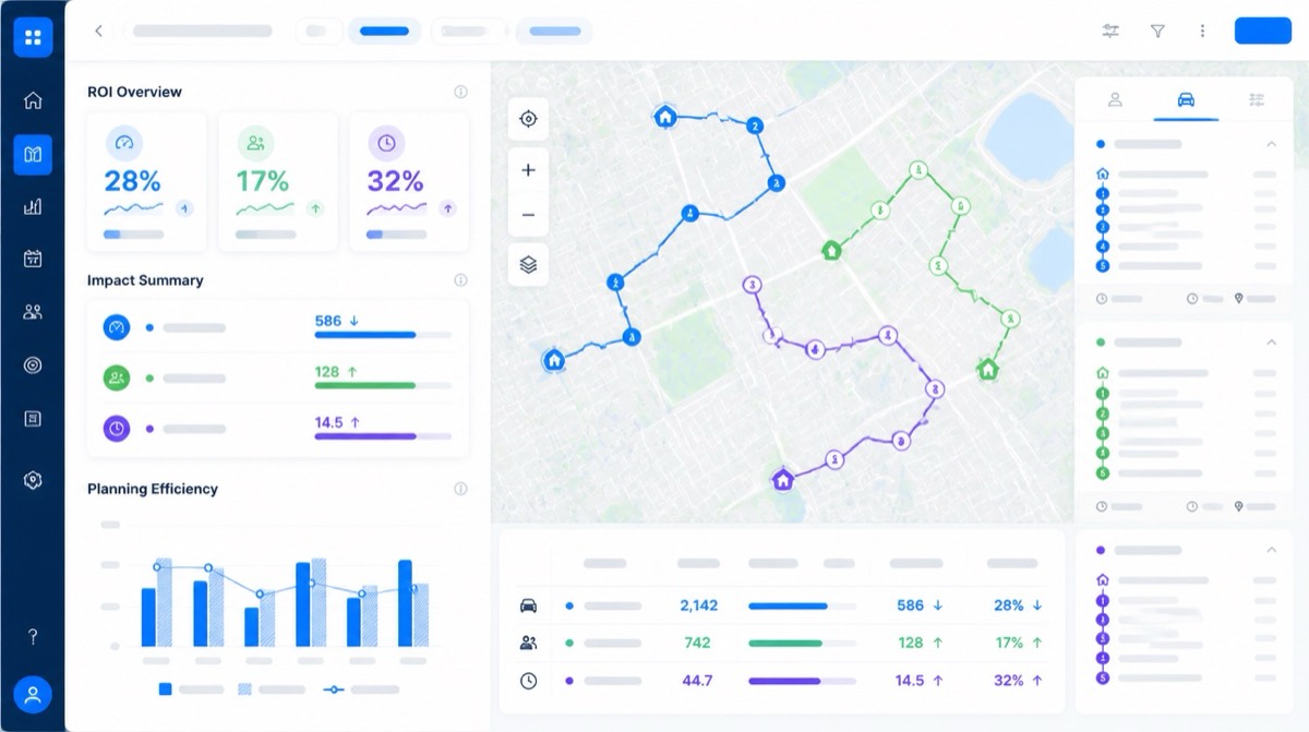 Route optimization ROI dashboard showing mileage savings, visit gains, and efficiency analytics.