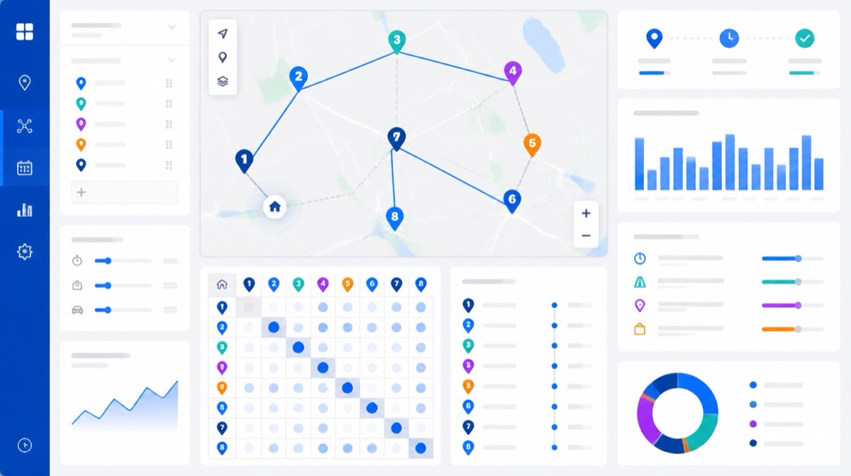 Field sales route optimization dashboard showing route sequencing and travel-time analytics.