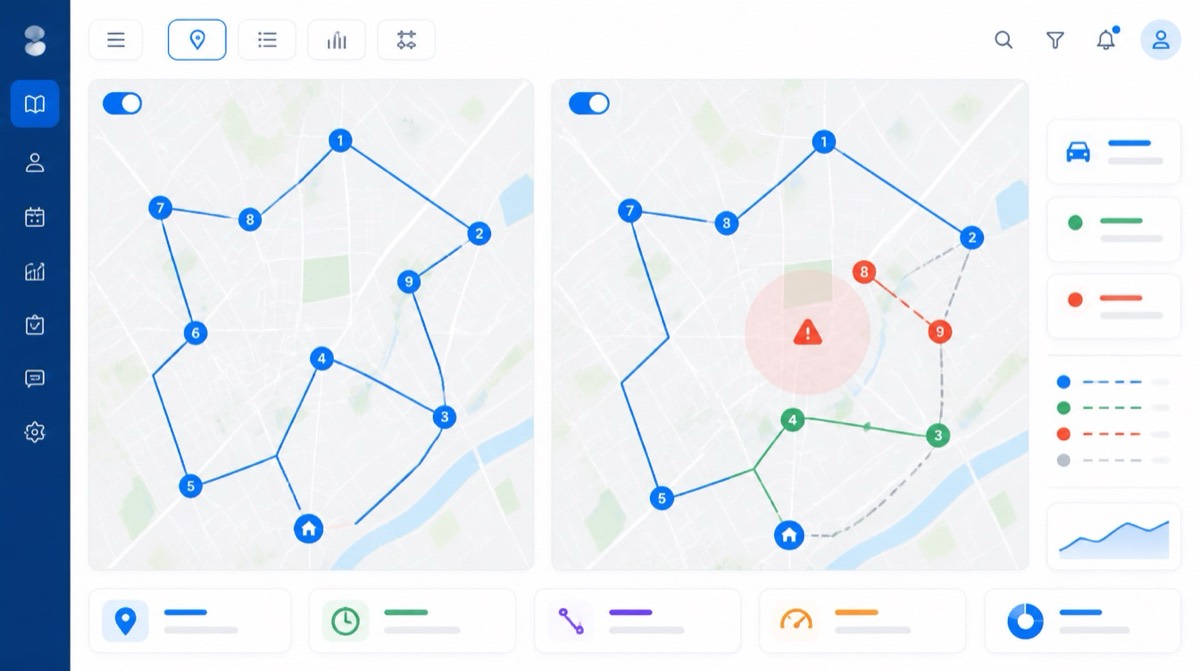 Dynamic route optimization dashboard comparing static and replanned field sales routes.