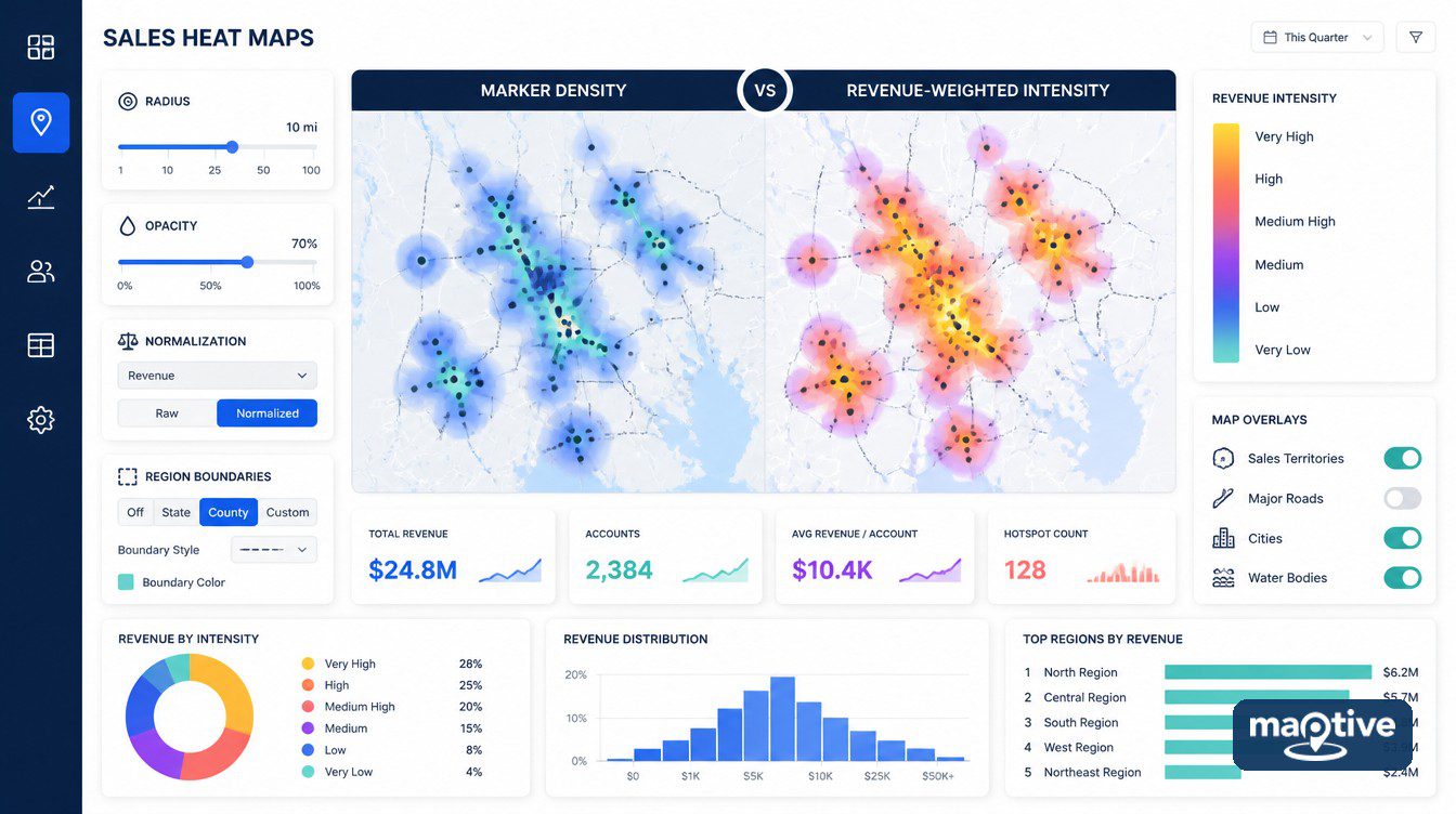 Sales heat map controls for revenue weighting, radius and regional comparison