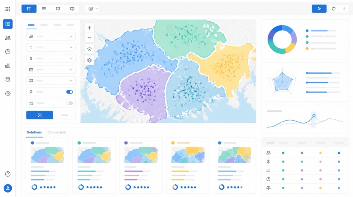 Algorithmic sales territory optimization dashboard with balanced regions and solver-style analytics.