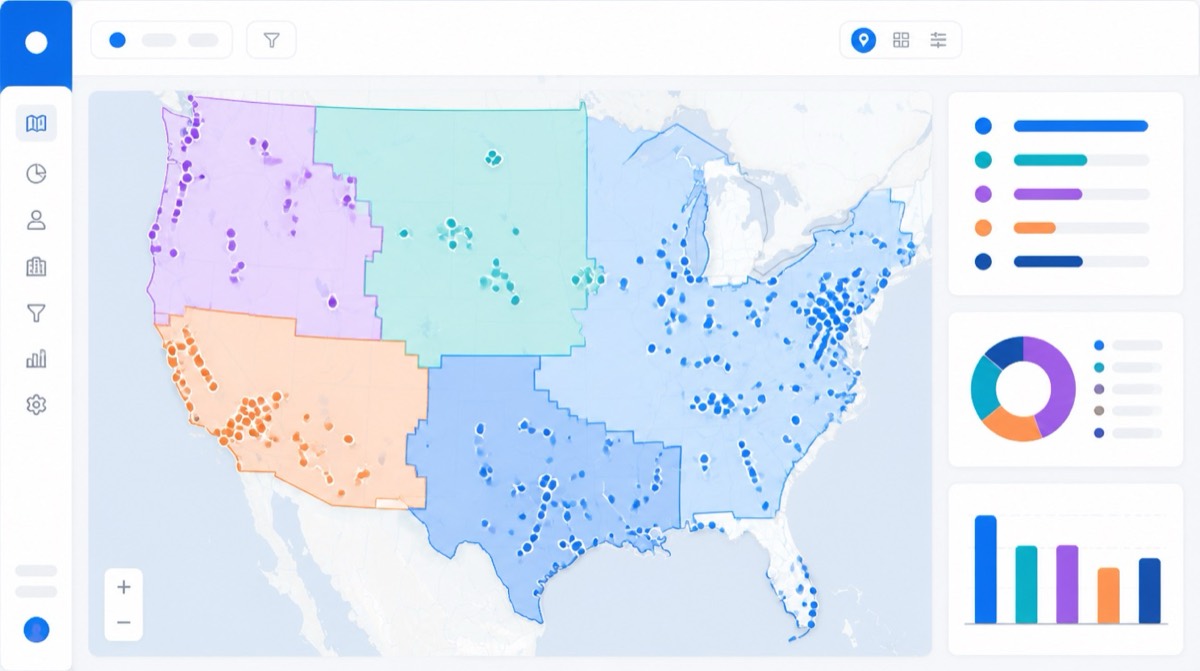 Sales territory optimization map showing imbalanced territories and uneven account distribution.