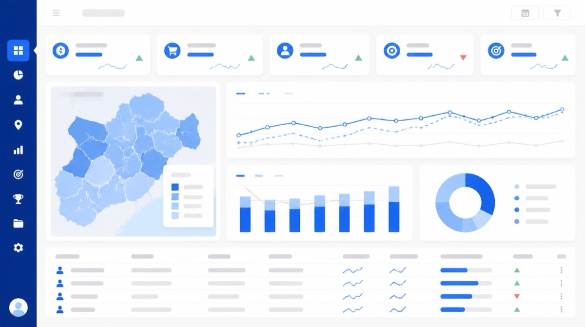 Territory performance dashboard with KPIs, territory maps, and rep metrics.