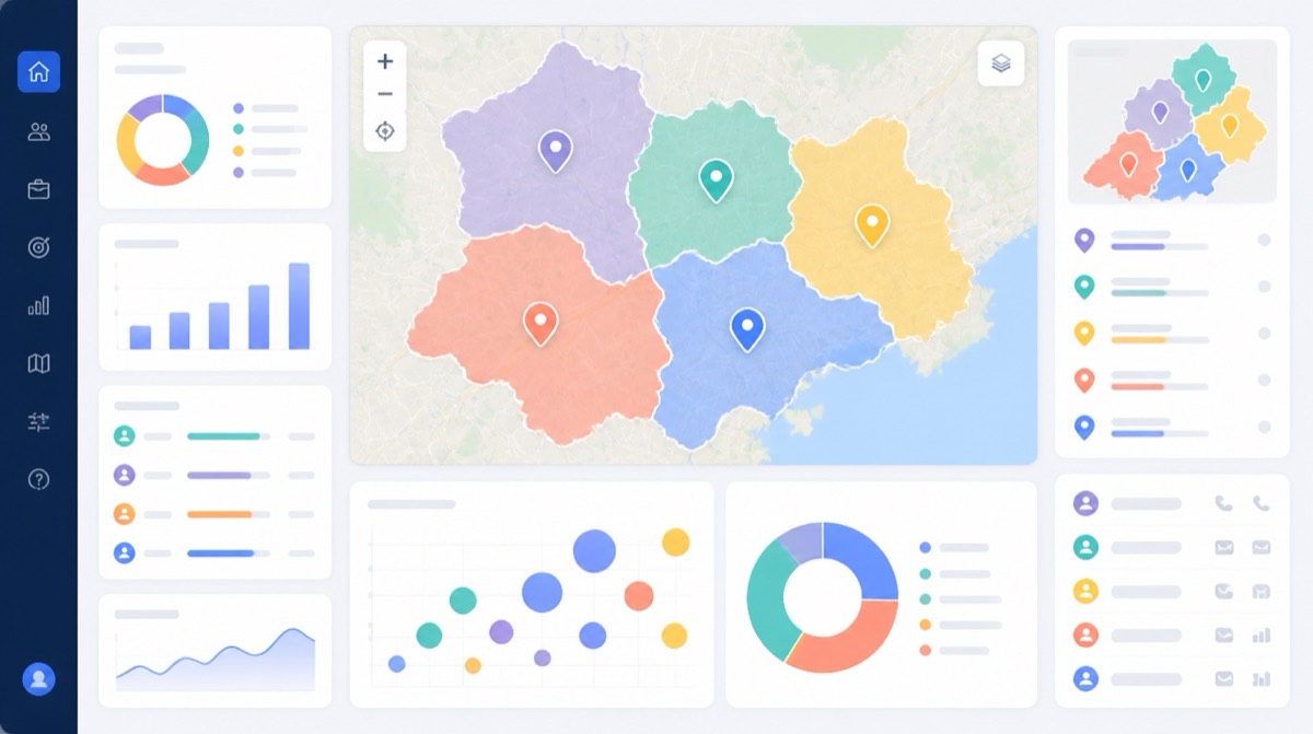 Sales territory optimization visual with territory maps, pins, and planning analytics.