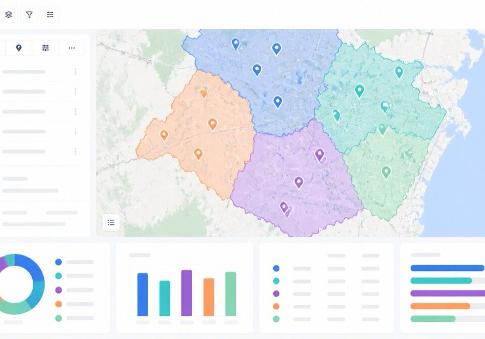 Sales territory optimization dashboard with balanced regions, map pins, and territory analytics.