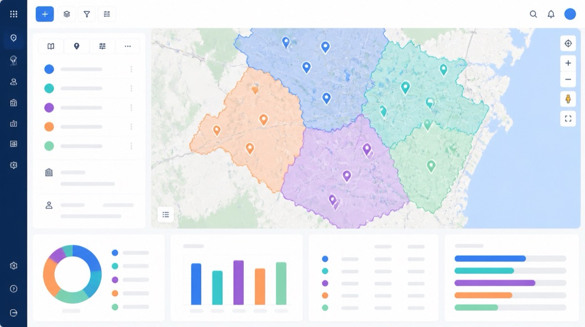 Sales territory optimization dashboard with balanced regions, map pins, and territory analytics.
