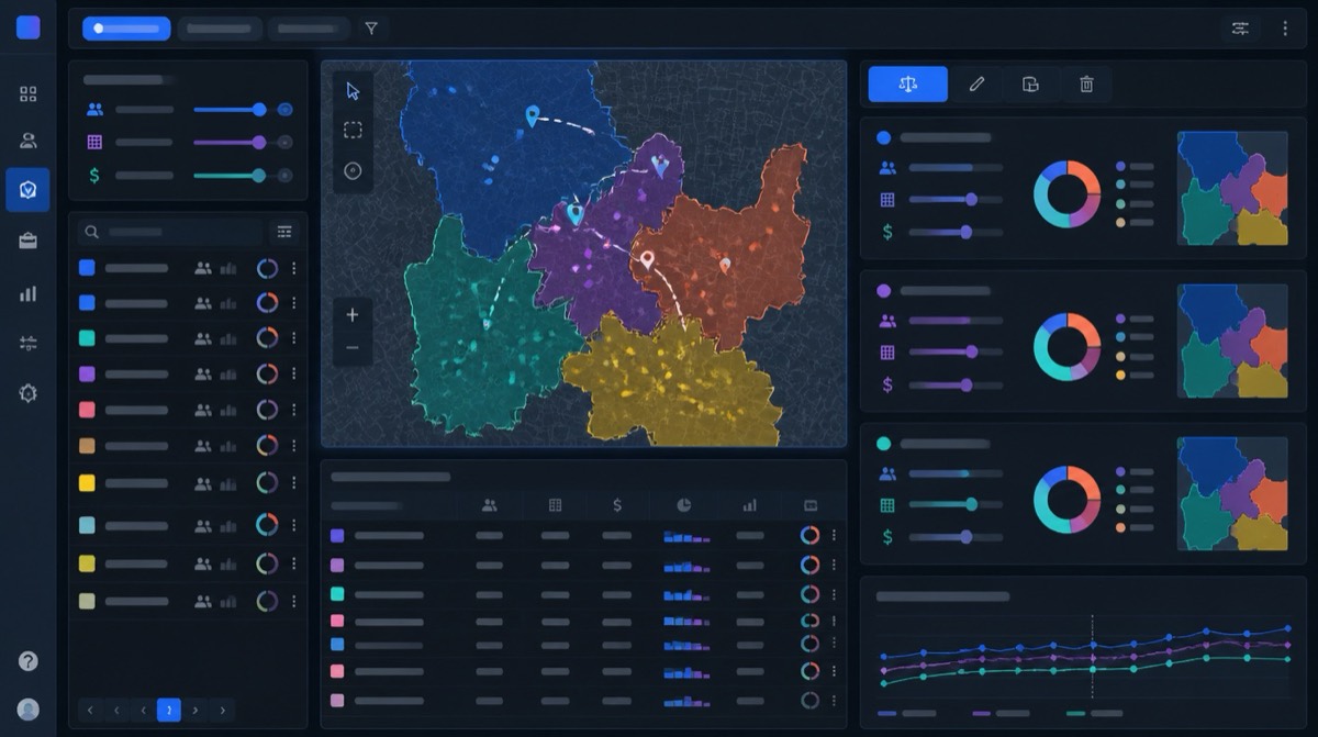 Territory rebalancing dashboard showing scenario planning and account movement across territories.
